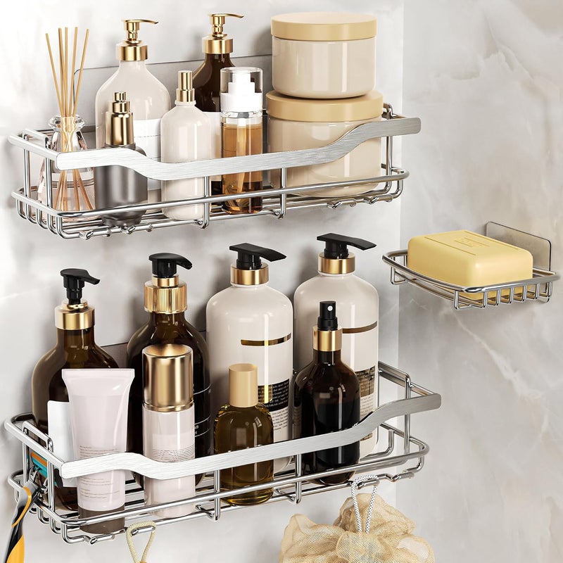 OMAIRA 3-Pack Shower Caddy with Soap Holder, Adhesive Rustproof No-drill Strudy Loading Inside Shower Organizer Shelves Rack Storage Bathroom Organization for Smooth Wall Glass Tile, Silver (X-Large) - Image 1
